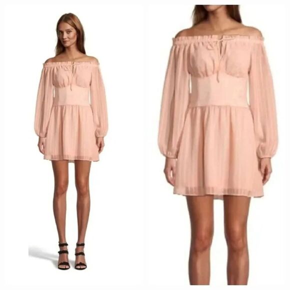 NEW Guess Sheer Chiffon Corset Bardot Milkmaid Peasant Mini Dress in Peach Large - Picture 2 of 14